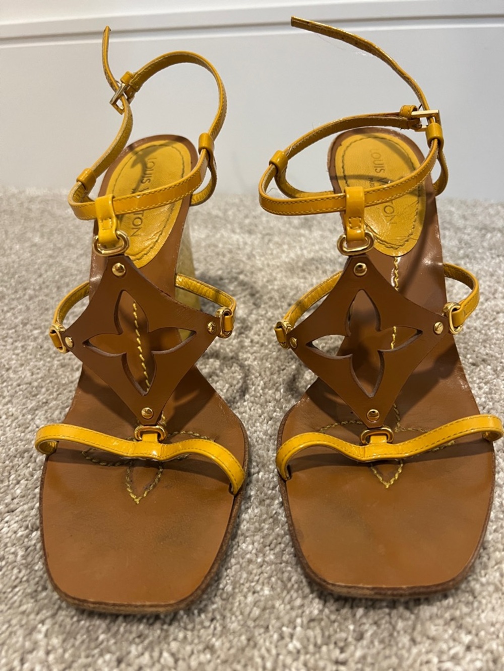 Louis Vuitton Yellow Leather Cutout T-Strap Sandals